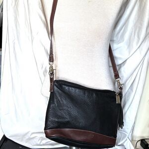 Tignanello Black Pebbled Leather Crossbody Bag Brown Trim Shoulder Purse.